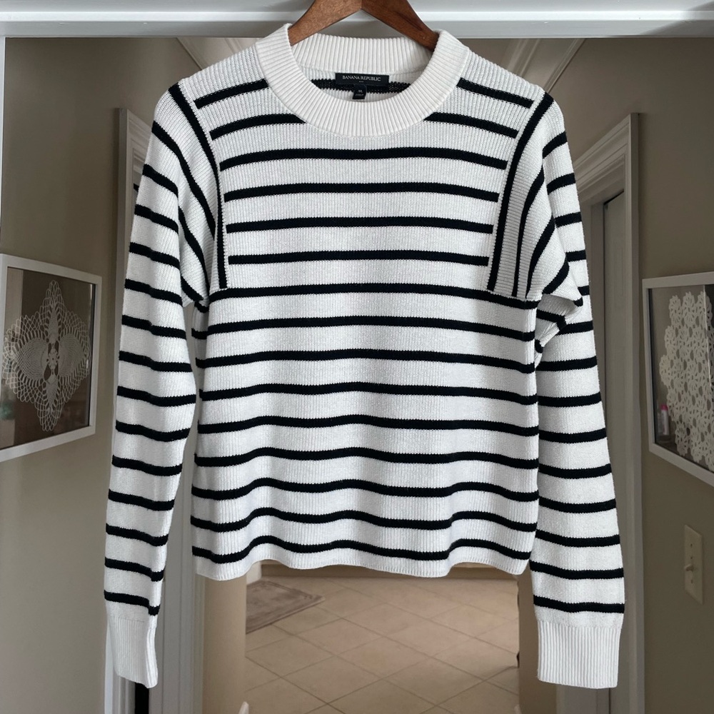 Banana Republic Crewneck Ribbed Striped Sweater Merino Wool Blend Cream Black M - Picture 2 of 14